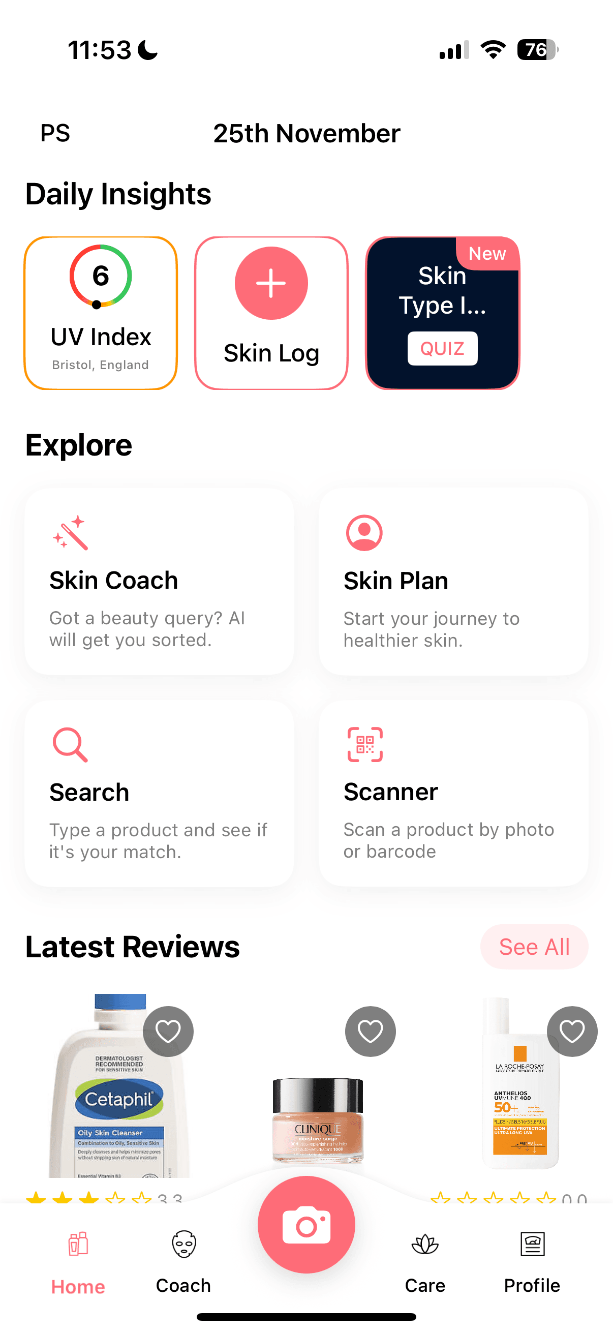 Peak Skin app home screen showing skin health dashboard