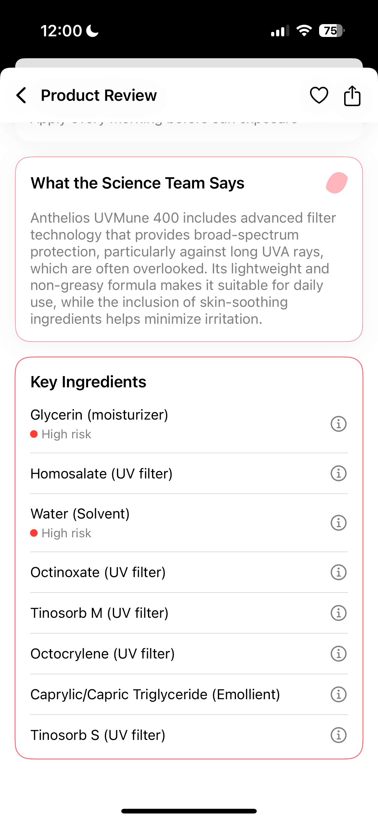 Peak Skin ingredient analysis breakdown