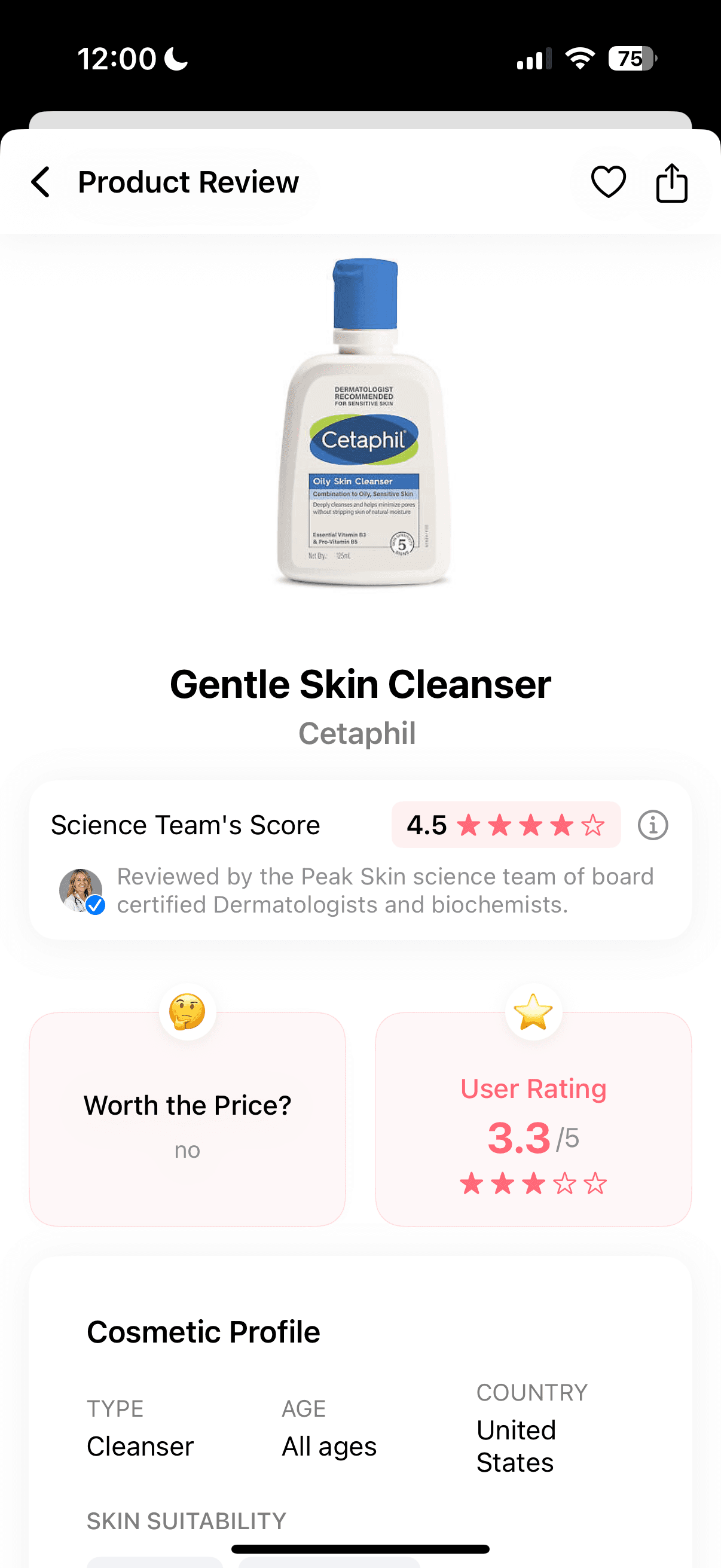 Peak Skin product detail showing ingredient analysis