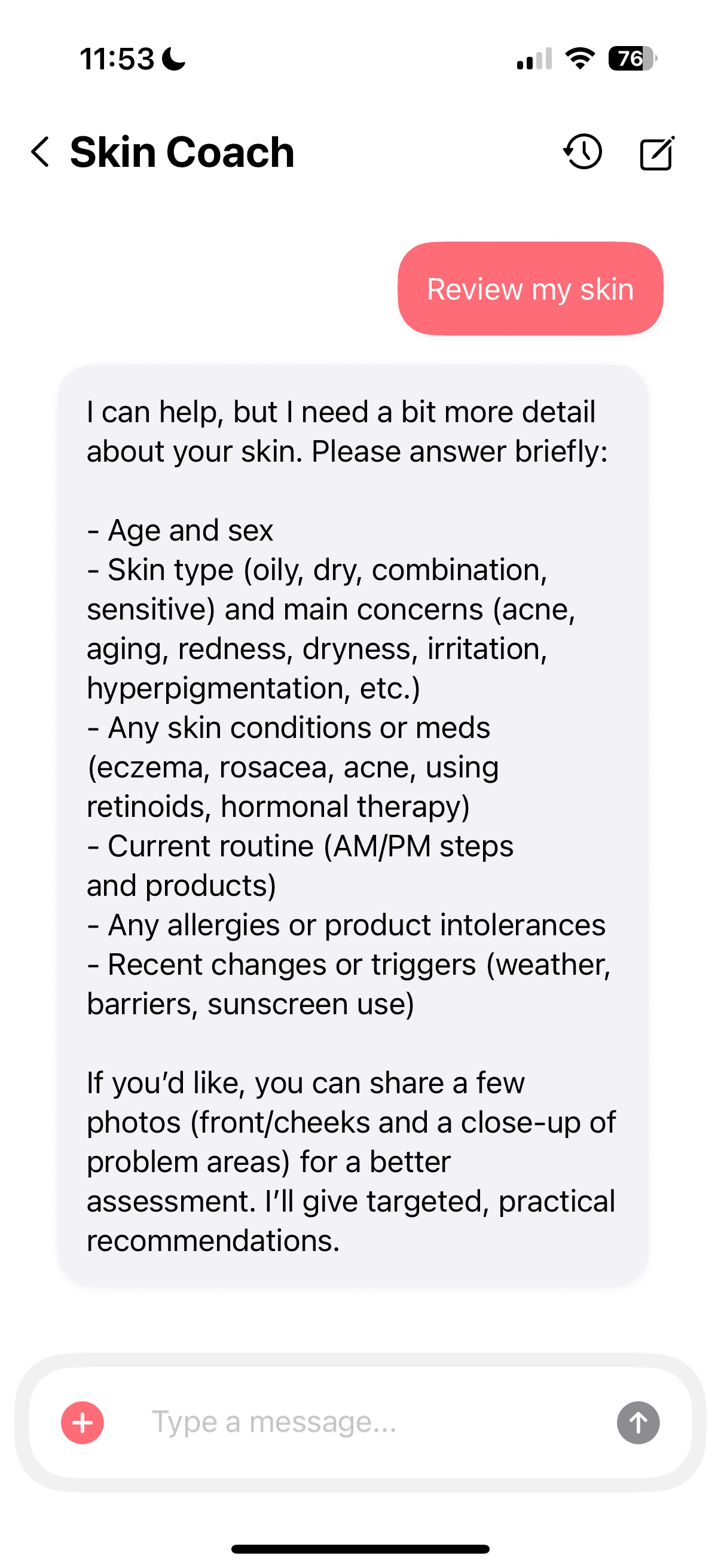 Peak Skin AI skin coach chat
